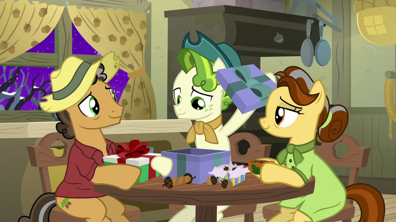 Size: 1280x720 | Tagged: safe, derpibooru import, screencap, butternut, oak nut, pistachio, earth pony, pony, best gift ever, female, hat, male, mare, present, smiling, stallion, teenager, the true gift of gifting