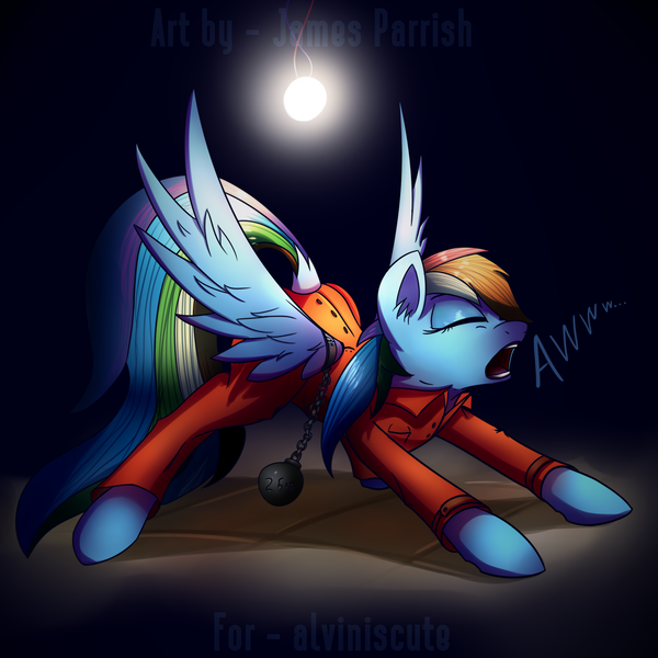 Size: 2000x2000 | Tagged: safe, artist:quefortia, derpibooru import, rainbow dash, pegasus, pony, ball and chain, clothes, eyes closed, female, lightbulb, mare, prison outfit, prisoner rd, yawn