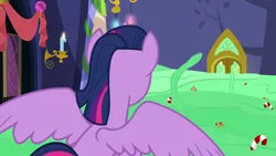 Size: 1280x720 | Tagged: safe, derpibooru import, screencap, twilight sparkle, twilight sparkle (alicorn), alicorn, pony, best gift ever, back of head, female, food, mare, pudding, rear view, solo, spread wings, wings