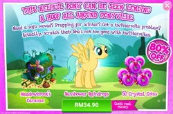 Size: 1039x684 | Tagged: safe, derpibooru import, official, sunshower raindrops, pegasus, pony, advertisement, background pony, caravan, coin, costs real money, female, gameloft, mare, sale, solo, spread wings, wings