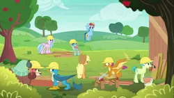 Size: 1366x768 | Tagged: safe, derpibooru import, screencap, applejack, gallus, ocellus, rainbow dash, sandbar, silverstream, smolder, yona, changedling, changeling, classical hippogriff, dragon, earth pony, gryphon, hippogriff, pegasus, pony, yak, non-compete clause, apple, apple tree, board, bow, cloven hooves, construction, dragoness, female, field, flying, hair bow, hard hat, helmet, male, mare, monkey swings, mouth hold, paintbrush, saw, student six, teenager, tree