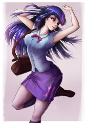 Size: 848x1200 | Tagged: safe, artist:the-park, derpibooru import, twilight sparkle, human, equestria girls, armpits, bag, beautiful, big breasts, blouse, border, bowtie, breasts, busty twilight sparkle, clothes, cutie mark, cutie mark on clothes, eyelashes, female, flowing hair, gradient background, humanized, kneesocks, looking sideways, miniskirt, open mouth, pleated skirt, pose, raised arms, raised leg, ribbon, sexy, shoes, shoulder bag, simple background, skirt, smiling, socks, solo, standing, standing on one leg, tight clothing