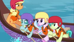 Size: 1366x768 | Tagged: safe, derpibooru import, screencap, applejack, ocellus, sandbar, silverstream, changedling, changeling, classical hippogriff, earth pony, hippogriff, pony, non-compete clause, canoe, female, helmet, lifejacket, male, mare, oar, quartet, rowing, teenager, water