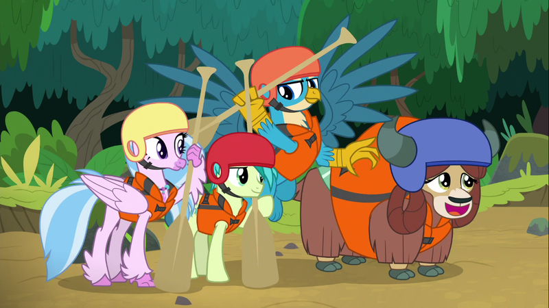 Size: 1366x768 | Tagged: safe, derpibooru import, screencap, gallus, sandbar, silverstream, yona, classical hippogriff, earth pony, gryphon, hippogriff, pony, yak, non-compete clause, cloven hooves, female, helmet, lifejacket, male, monkey swings, oar, paddle, quartet, smiling, spread wings, teenager, wings