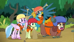 Size: 1366x768 | Tagged: safe, derpibooru import, screencap, gallus, sandbar, silverstream, yona, classical hippogriff, earth pony, gryphon, hippogriff, pony, yak, non-compete clause, cloven hooves, female, helmet, lifejacket, male, monkey swings, oar, paddle, quartet, smiling, spread wings, teenager, wings