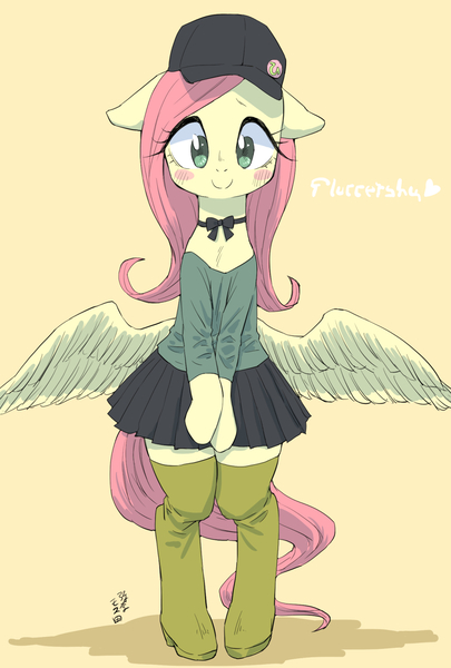 Size: 1000x1480 | Tagged: safe, artist:yanamosuda, derpibooru import, fluttershy, pegasus, pony, bipedal, blushing, boots, cap, clothes, cute, female, hat, looking at you, mare, pleated skirt, shirt, shoes, simple background, skirt, solo, thigh boots, yellow background