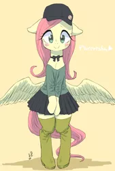 Size: 1000x1480 | Tagged: safe, artist:yanamosuda, derpibooru import, fluttershy, pegasus, pony, bipedal, blushing, boots, cap, clothes, cute, female, hat, looking at you, mare, pleated skirt, shirt, shoes, simple background, skirt, solo, thigh boots, yellow background