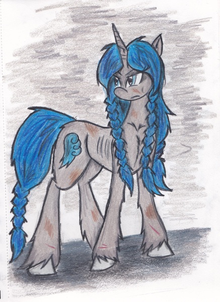 Size: 1765x2425 | Tagged: safe, artist:zubias, derpibooru import, oc, oc:coral eve, pony, unicorn, fallout equestria, fallout equestria: murky number seven, braid, fanfic art, female, mare, solo, traditional art