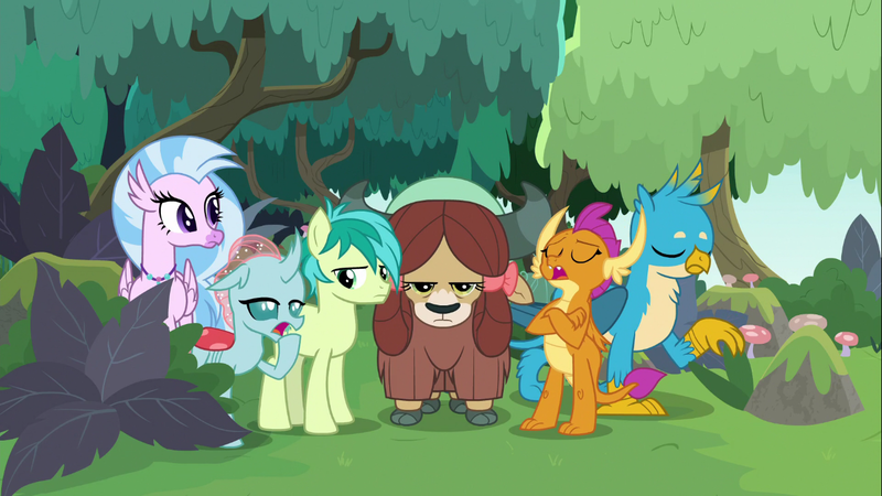 Size: 1366x768 | Tagged: safe, derpibooru import, gallus, ocellus, sandbar, silverstream, smolder, yona, changedling, changeling, classical hippogriff, dragon, earth pony, gryphon, hippogriff, pony, yak, non-compete clause, bow, claws, cloven hooves, colored hooves, crossed arms, dragoness, female, hair bow, jewelry, male, monkey swings, necklace, sleepy, student six, students, teenager, unamused, yona is not amused