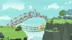 Size: 1366x768 | Tagged: safe, derpibooru import, screencap, applejack, rainbow dash, earth pony, pegasus, pony, non-compete clause, breaking the laws of physics, bridge, cartoon physics, cliff, duo, female, mare, mouth hold, ravine, rope bridge, stick, this will end in tears, vine