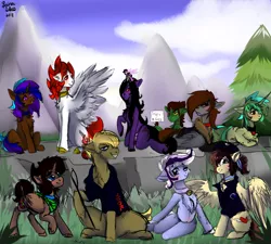 Size: 5000x4500 | Tagged: suggestive, artist:brainiac, derpibooru import, oc, oc:brainiac, oc:cavaliera, oc:ferrum maxim, oc:hunters moon, oc:liftan drift, oc:piper, oc:prince colt, oc:rose sniffer, oc:servus, oc:servus liber, oc:shotglass, oc:whiskey, oc:whiskey lullaby, alicorn, breezie, earth pony, pegasus, pony, unicorn, absurd resolution, blushing, bomber jacket, chest fluff, clothes, collar, female, floppy ears, jacket, male, mare, pet play, raider, riding crop, scar, serper, stallion, text, trap, traps are gay