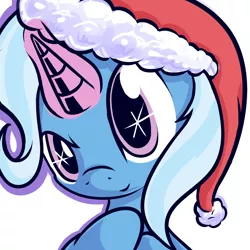 Size: 1280x1280 | Tagged: safe, artist:magician-horse, derpibooru import, trixie, pony, unicorn, christmas, cute, diatrixes, female, glowing horn, hat, holiday, horn, looking at you, mare, santa hat, simple background, solo, starry eyes, white background, wingding eyes