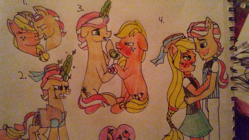 Size: 3264x1836 | Tagged: safe, artist:bea-drowned, derpibooru import, applejack, flim, pony, equestria girls, female, flimjack, male, shipping, straight, traditional art