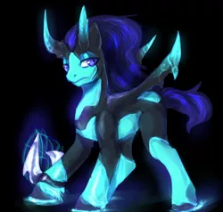 Size: 800x762 | Tagged: safe, artist:elkaart, derpibooru import, oc, unofficial characters only, demon, demon pony, original species, pony, black background, blade, hoof blades, horns, male, simple background, solo, stallion, weapon