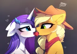 Size: 1280x901 | Tagged: suggestive, artist:magnaluna, derpibooru import, applejack, rarity, earth pony, pony, unicorn, alternate hairstyle, bedroom eyes, blushing, cheek fluff, chest fluff, cowboy hat, cute, drool, ear fluff, eye contact, female, floppy ears, fluffy, food, gradient background, hair ornament, hat, heart, jackabetes, lesbian, licking, lidded eyes, looking at each other, looking at something, mare, mouth hold, open mouth, raribetes, rarijack, shipping, shoulder fluff, smiling, stetson, strawberry, tongue out, unamused