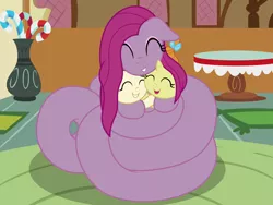 Size: 2670x2008 | Tagged: safe, artist:badumsquish, derpibooru import, pinkie pie, pound cake, pumpkin cake, lamia, original species, pegasus, pony, rattlesnake, snake, unicorn, cake twins, carrying, coils, cuddling, cute, cuteamena, dialogue, eyes closed, eyeshadow, fangs, female, floppy ears, grin, happy, hug, lamiafied, makeup, male, monster mare, pinkamena diane pie, pinklamia pie, siblings, smiling, species swap, sugarcube corner, table, trio, twins