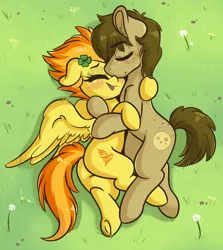 Size: 1280x1432 | Tagged: safe, artist:wickedsilly, derpibooru import, spitfire, oc, oc:chocolate chips, earth pony, pegasus, pony, blushing, canon x oc, clover, cuddling, cute, cutefire, eyes closed, female, firechips, four leaf clover, freckles, grass, male, mare, ocbetes, shipping, stallion, straight