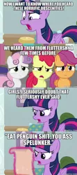 Size: 600x1348 | Tagged: safe, derpibooru import, edit, edited screencap, screencap, apple bloom, scootaloo, sweetie belle, twilight sparkle, twilight sparkle (alicorn), alicorn, pony, marks for effort, caption, cutie mark crusaders, image macro, meme, south park, south park: bigger longer and uncut, text, vulgar