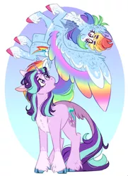 Size: 742x1024 | Tagged: safe, artist:wanderingpegasus, derpibooru import, rainbow dash, starlight glimmer, classical unicorn, pegasus, pony, unicorn, chest fluff, cloven hooves, colored hooves, colored wings, colored wingtips, duo, female, leonine tail, looking at each other, mare, socks (coat marking), unshorn fetlocks, wings