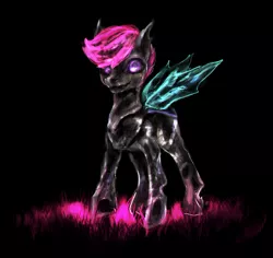 Size: 1024x966 | Tagged: artist:elkaart, black background, changeling, changelingified, crystal changeling, crystallized, crystal pony, derpibooru import, female, purple eyes, safe, scootaling, scootaloo, simple background, solo, species swap, wings