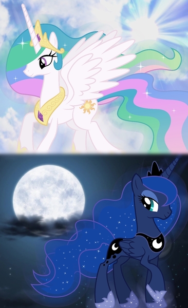 Size: 1004x1645 | Tagged: artist needed, safe, derpibooru import, princess celestia, princess luna, alicorn, pony, moon, sun