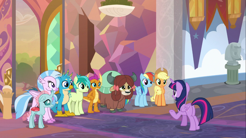 Size: 1366x768 | Tagged: safe, derpibooru import, screencap, applejack, gallus, ocellus, rainbow dash, sandbar, silverstream, smolder, twilight sparkle, twilight sparkle (alicorn), yona, alicorn, changedling, changeling, classical hippogriff, dragon, earth pony, gryphon, hippogriff, pegasus, pony, yak, non-compete clause, bow, cloven hooves, colored hooves, cowboy hat, dragoness, female, hair bow, hat, jewelry, male, mare, monkey swings, necklace, student six, teenager