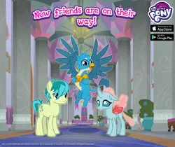 Size: 940x788 | Tagged: safe, derpibooru import, official, gallus, ocellus, sandbar, changedling, changeling, earth pony, gryphon, pony, advertisement, crossed arms, female, gameloft, male, spread wings, teenager, trio, wings