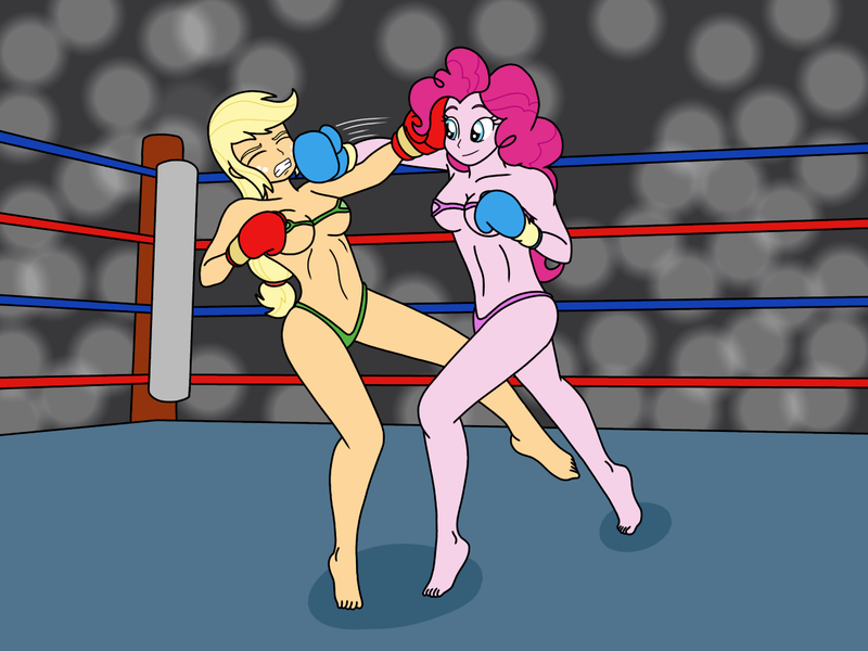 Size: 1200x900 | Tagged: suggestive, artist:linedraweer, derpibooru import, applejack, pinkie pie, human, fighting is magic, equestria girls, barefoot, bikini, boxing, boxing gloves, boxing ring, breasts, clothes, commission, domination, feet, fight, punch, sports, sweat, swimsuit