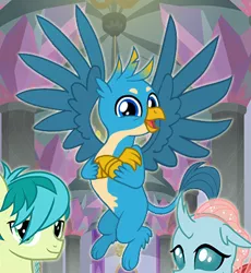 Size: 361x393 | Tagged: safe, derpibooru import, gallus, ocellus, sandbar, changedling, changeling, earth pony, gryphon, pony, cropped, crossed arms, cute, female, flying, gallabetes, gameloft, majestic, male, paws, smiling, solo focus, spread wings, tail, wings