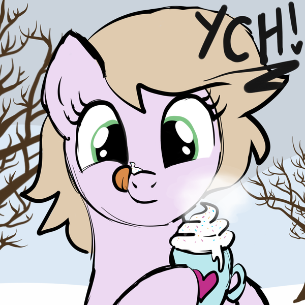 Size: 2100x2100 | Tagged: safe, artist:lannielona, derpibooru import, pony, advertisement, bare tree, chocolate, commission, cream, cross-eyed, food, hot chocolate, hot drink, licking, licking lips, mountain, mug, sketch, smiling, snow, solo, steam, tongue out, tree, whipped cream, your character here