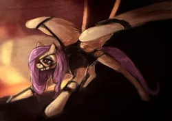 Size: 1154x816 | Tagged: safe, artist:elkaart, derpibooru import, fluttershy, pegasus, pony, bit, bridle, crouching, female, harness, mare, solo, spread wings, tack, wings