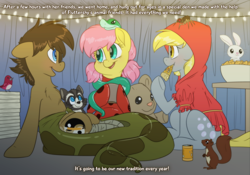 Size: 5000x3500 | Tagged: angel bunny, artist:fluffyxai, bird, blanket fort, clothes, costume, derpibooru import, derpy hooves, fluttershy, fuzzy legs, miraculous ladybug, nightmare night, oc, oc:spirit wind, original species, raccoon, red riding hood, rupert, safe, smoky jr., snake, squirrel, tumblr:ask spirit wind