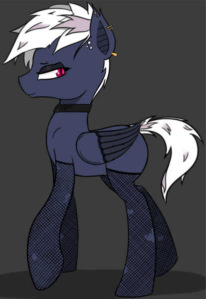 Size: 1365x1982 | Tagged: safe, alternate version, artist:pinkberry, derpibooru import, oc, oc:dusk rime, unofficial characters only, bat pony, pony, alternate clothes, blank flank, choker, clothes, collar, female, fishnets, gray background, jewelry, makeup, piercing, punk, ripped stockings, simple background, socks, solo, stockings, thigh highs, torn clothes