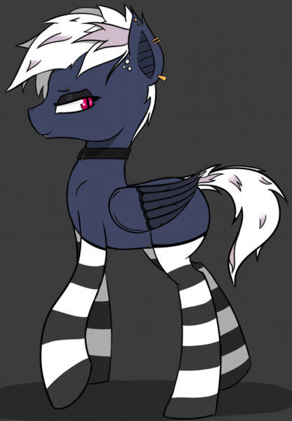 Size: 1379x1987 | Tagged: safe, alternate version, artist:pinkberry, derpibooru import, oc, oc:dusk rime, unofficial characters only, bat pony, pony, alternate clothes, blank flank, choker, clothes, collar, female, gray background, jewelry, makeup, piercing, punk, simple background, socks, solo, striped socks