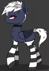 Size: 1379x1987 | Tagged: safe, alternate version, artist:pinkberry, derpibooru import, oc, oc:dusk rime, unofficial characters only, bat pony, pony, alternate clothes, blank flank, choker, clothes, collar, female, gray background, jewelry, makeup, piercing, punk, simple background, socks, solo, striped socks