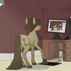Size: 500x500 | Tagged: safe, artist:autumnbramble, derpibooru import, oc, oc:autumn bramble, unofficial characters only, earth pony, pony, :p, butt, computer, computer mouse, desk, dexterous hooves, droste effect, female, mare, monitor, plot, recursion, silly, solo, tongue out