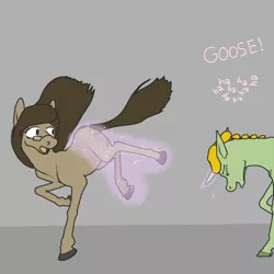 Size: 500x500 | Tagged: safe, artist:autumnbramble, derpibooru import, oc, oc:autumn bramble, oc:marigold field, unofficial characters only, earth pony, pony, unicorn, butt touch, female, laughing, lesbian, magic, oc x oc, shipping