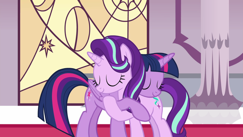 1513813 - alicorn, bait, derpibooru import, duo, duo female, eyes closed,  female, hug, lesbian, mare, pony, safe, screencap, shadow play, smiling,  starlight glimmer, twilight sparkle, twilight sparkle (alicorn), unicorn -  Twibooru