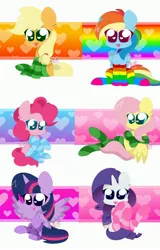 Size: 2625x4096 | Tagged: safe, artist:kittyrosie, derpibooru import, applejack, fluttershy, pinkie pie, rainbow dash, rarity, twilight sparkle, twilight sparkle (alicorn), alicorn, earth pony, pegasus, pony, unicorn, clothes, cute, dashabetes, diapinkes, female, heart eyes, jackabetes, mane six, mare, rainbow socks, raribetes, shyabetes, simple background, socks, striped socks, thigh highs, twiabetes, wingding eyes