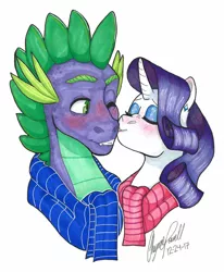 Size: 1280x1555 | Tagged: safe, artist:whisperseas, derpibooru import, rarity, spike, blushing, clothes, female, kissing, male, older, older spike, scarf, shipping, signature, simple background, sparity, straight, winter