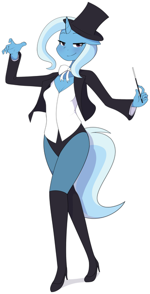 Size: 1626x3169 | Tagged: safe, artist:furrgroup, derpibooru import, trixie, anthro, plantigrade anthro, unicorn, beautiful, black underwear, bow, bowtie, clothes, cute, female, hat, high heels, looking at you, mare, panties, shoes, simple background, smiling, socks, solo, suit, thigh highs, underwear, white background