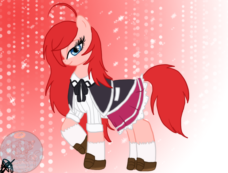 Size: 814x617 | Tagged: safe, artist:xxalymetalgirlxx, derpibooru import, ponified, pony, ahoge, bedroom eyes, blue eyes, bow, clothes, high school dxd, japanese school uniform, lace, pleated skirt, raised hoof, red hair, red mane, red tail, redhead, rias gremory, ribbon, school uniform, schoolgirl, shoes, skirt, socks, solo, sparkle eyes, sparkling eyes, stockings, thigh highs, watermark