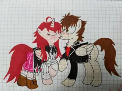 Size: 1008x756 | Tagged: safe, artist:shortydante, derpibooru import, ponified, alicorn, pegasus, pony, ahoge, blushing, bow, brown hair, brown mane, brown tail, clothes, couple, eyes closed, graph paper, high school dxd, issei hyoudou, jacket, japanese school uniform, kissing, non-mlp shipping, pleated skirt, red hair, red mane, red tail, redhead, rias gremory, ribbon, school uniform, schoolgirl, shipping, shocked expression, shoes, skirt, socks, stockings, thigh highs, traditional art, yellow eyes