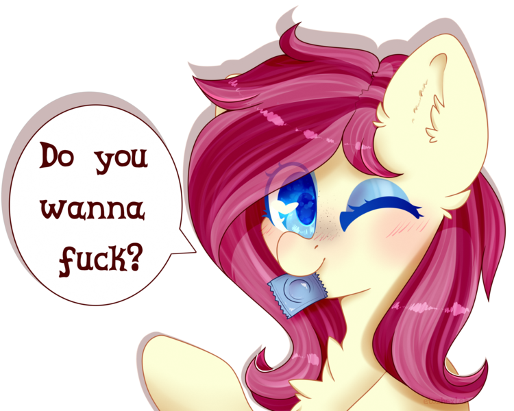 Size: 2500x2000 | Tagged: artist:etoz, blue eyes, blushing, commission, condom, condom in mouth, cute, derpibooru import, female, freckles, mare, mouth hold, not roseluck, oc, oc:velvet passion, one eye closed, simple background, smiling, subtle as a train wreck, suggestive, text, transparent background, unofficial characters only, vulgar, wink, ych result