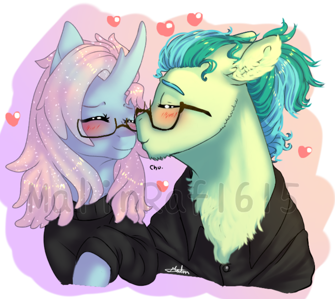 Size: 736x657 | Tagged: safe, artist:malinraf1615, derpibooru import, ocellus, sandbar, changedling, changeling, pony, blushing, female, glasses, heart, interspecies, male, obtrusive watermark, ocelbar, older, older ocellus, older sandbar, shipping, signature, stallion, straight, watermark