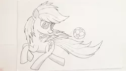 Size: 4128x2322 | Tagged: safe, artist:adjierakapangestu, derpibooru import, rainbow dash, pony, ball, cute, flying, kicking, solo, traditional art, wings