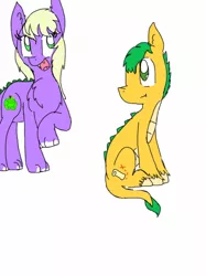 Size: 500x667 | Tagged: safe, artist:eeveelutionlova, artist:princessmuffinart, derpibooru import, oc, oc:appleseed, oc:emerald apple, dracony, dragon, hybrid, pony, female, interspecies offspring, male, next generation, offspring, parent:applejack, parent:spike, parents:applespike