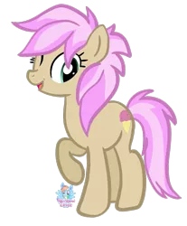Size: 861x1038 | Tagged: safe, artist:rainbow eevee, derpibooru import, strawberry scoop, earth pony, pony, background pony, female, friendship student, looking at you, mare, raised hoof, simple background, smiling, solo, transparent background