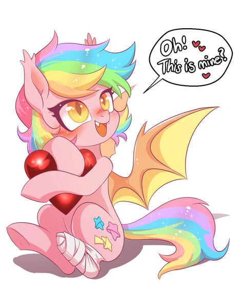 Size: 1123x1440 | Tagged: safe, artist:renokim, derpibooru import, oc, oc:paper stars, unofficial characters only, bat pony, amputee, bandage, bat pony oc, bat wings, blushing, cute, cute little fangs, cutie mark, diabetes, dialogue, ear fluff, fangs, female, heart, hnnng, hug, missing limb, multicolored hair, rainbow hair, simple background, sitting, slit eyes, solo, speech bubble, stump, text, underhoof, weapons-grade cute, white background, wings