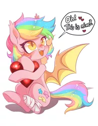 Size: 1123x1440 | Tagged: safe, artist:renokim, derpibooru import, oc, oc:paper stars, unofficial characters only, bat pony, amputee, bandage, bat pony oc, bat wings, blushing, cute, cute little fangs, cutie mark, diabetes, dialogue, ear fluff, fangs, female, heart, hnnng, hug, missing limb, multicolored hair, rainbow hair, simple background, sitting, slit eyes, solo, speech bubble, stump, text, underhoof, weapons-grade cute, white background, wings